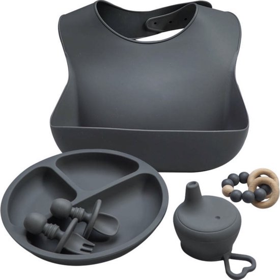 S-RIPOLL- siliconen babyservies set = 6 delig- donkergrijs