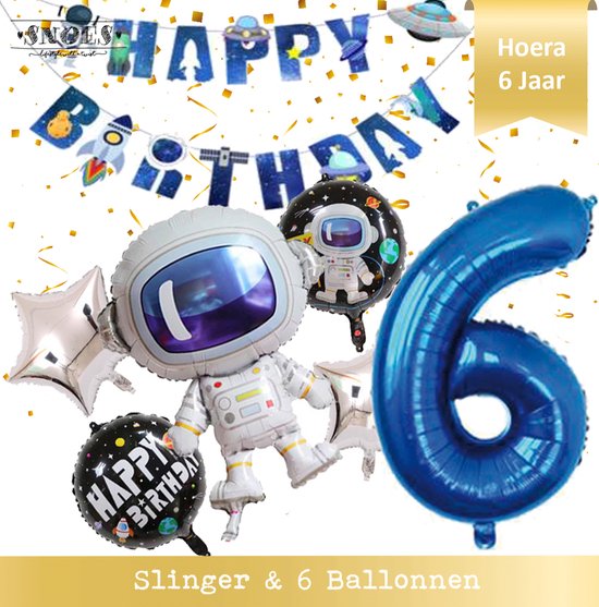 Super Ballon Set van 7 inclusief Slinger Nummer 6 - 6 Jaar - Ruimte - Space - Raket - Astronaut - Slinger - Ballonnen - Galaxy - Happy Birthday Slinger + Balonnen en cijfer 6 Ruimtevaart - Space - Planeten - Versiering - Galaxy thema * Snoes