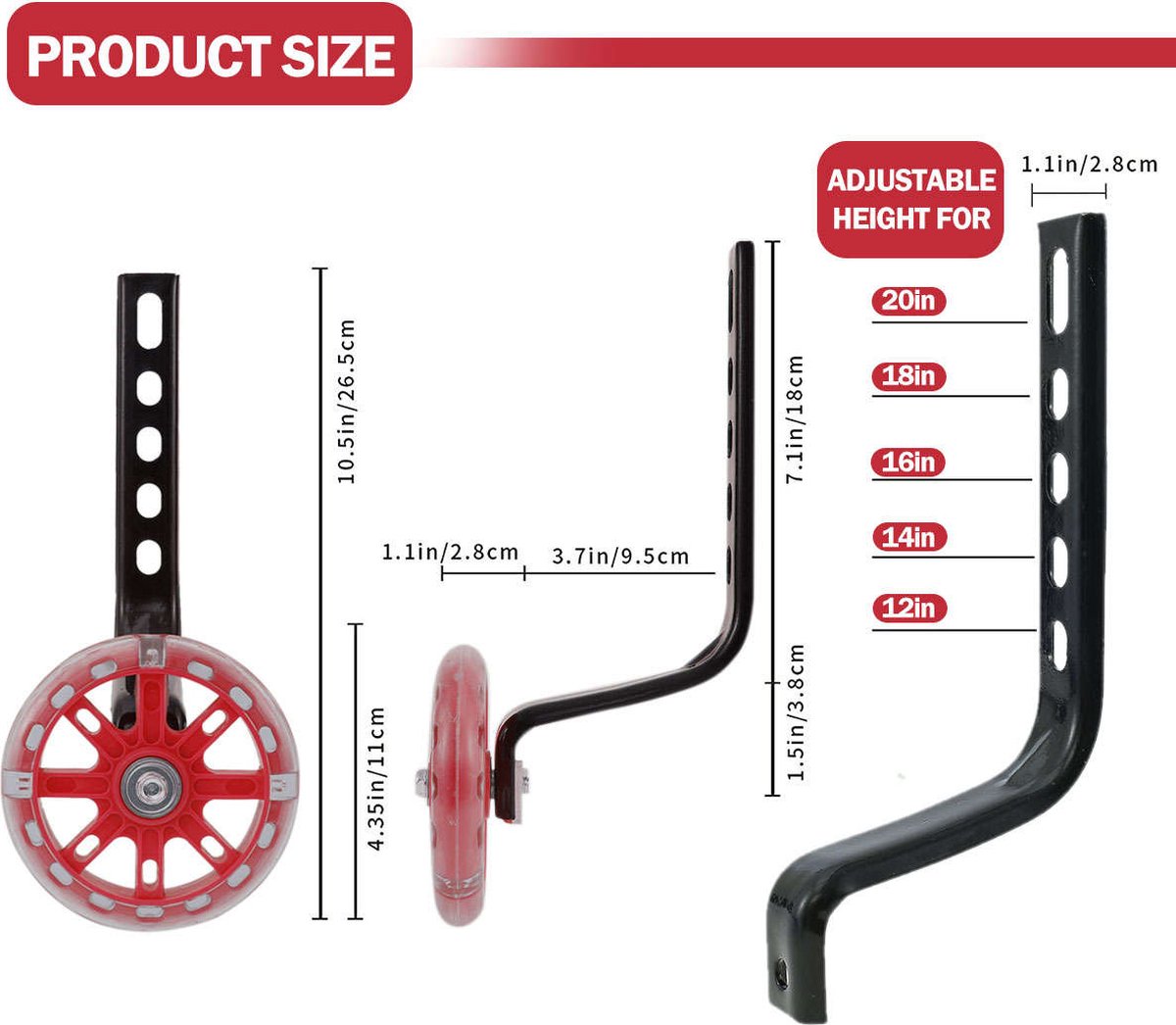 QualityB4Quantity kinderfiets zijwieltjes - Fietswieltjes - geschikt voor 12 tot 20 inch - Lichtgevend - ROOD