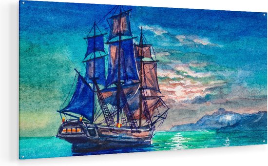 Artaza Glasschilderij - Oude Piratenschip Zeilboot Getekend - 140x70 - Groot - Plexiglas Schilderij - Foto op Glas