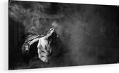 Artaza Glasschilderij - Man Met Een Hoed Trekt Zijn Pistool - Zwart Wit - 140x70 - Groot - Plexiglas Schilderij - Foto op Glas