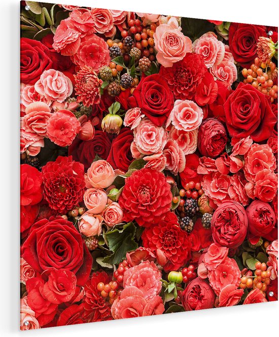 Artaza Glasschilderij - Rode En Roze Bloemen Met Fruit - Abstract - 60x60 - Plexiglas Schilderij - Foto op Glas