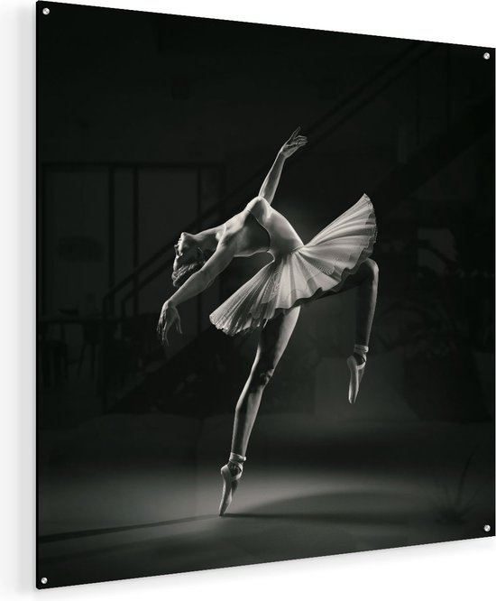 Artaza Glasschilderij - Ballerina op Haar Tenen - Ballet - Zwart Wit - 80x80 - Groot - Plexiglas Schilderij - Foto op Glas