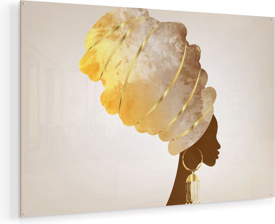 Artaza Glasschilderij - Afrikaanse Vrouw Met Gouden Tulband  - 135x90 - Groot - Plexiglas Schilderij - Foto op Glas