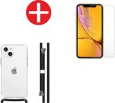 Hozard® Apple iPhone 13 Mini Anti-Shock TPU Met Zwarte Koord - Shock Proof - Case Met Touw + Screenprotector Glas - Extra Stevig Case Transparant