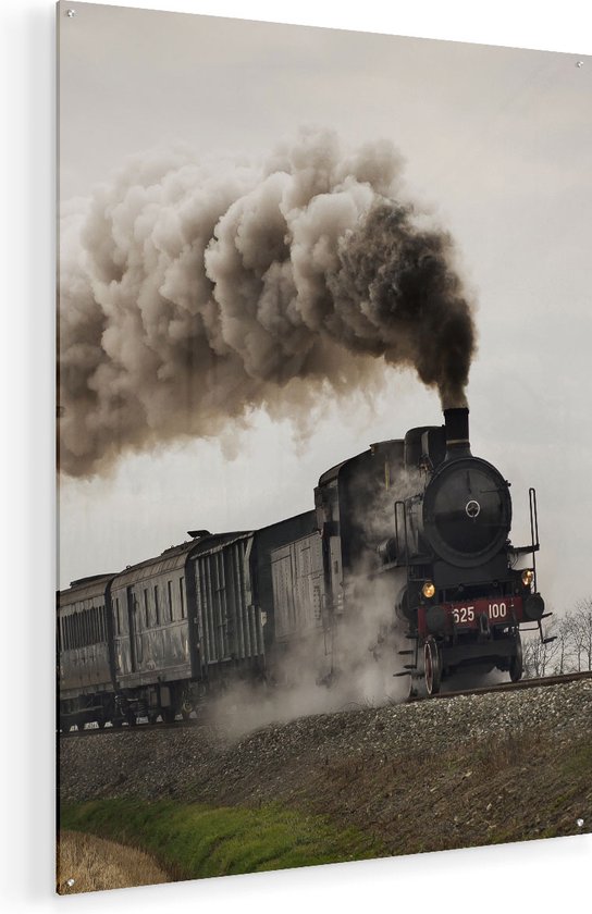 Artaza Glasschilderij - Locomotief Trein met Rook Wolken - 90x120 - Groot - Plexiglas Schilderij - Foto op Glas