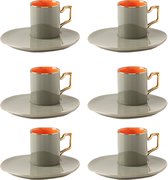 Schafer porselein Keyf - Espresso kopjes met schoteltjes 90 ml - set van 12 - oranje/grijs