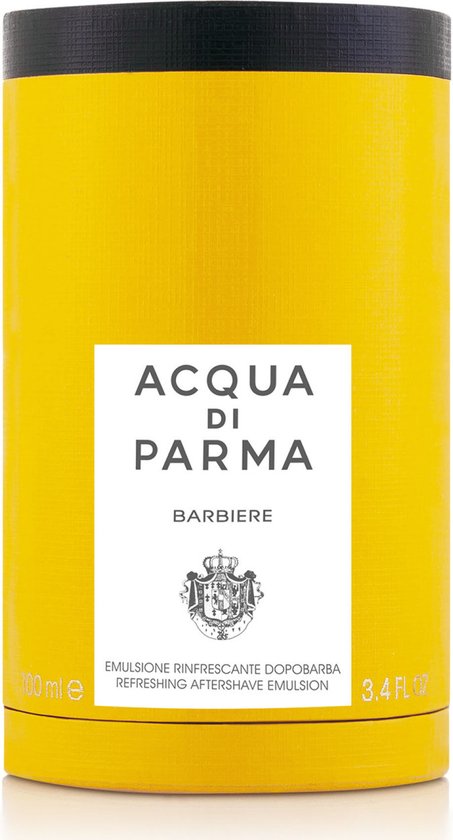 Gele cilinderverpakking van Acqua di Parma Barbiere, met een wit etiket.