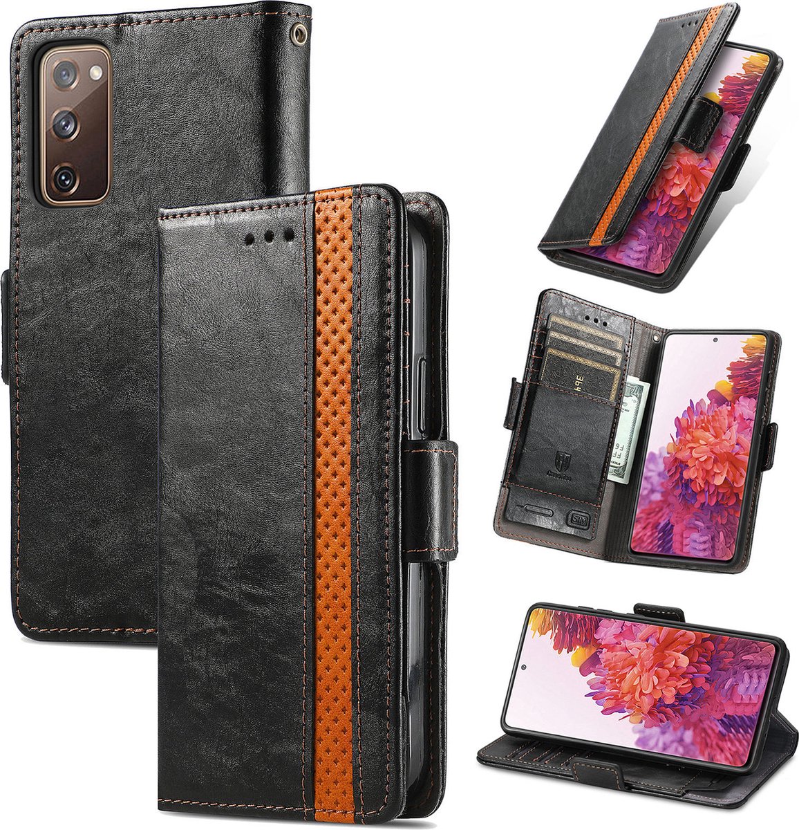 Stijlvol Tweekleurig PU-leer Wallet Flip Case + PMMA Screenprotector voor Galaxy S20 FE _ Zwart