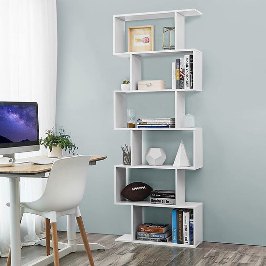 VASAGLE Boekenkast, met 6 niveaus, vrijstaand, kantoorplank, decoratieve plank, voor presentatie, modern, voor woonkamer, slaapkamer, kantoor, wit LBC61WT