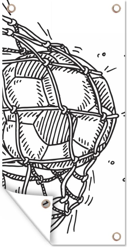 Tuinposter Een illustratie van een voetbal die het doel ingeschoten is - Jongens - Meiden - Kinderen - 40x80 cm - Wanddecoratie Buiten - Tuinposter - Tuindoek - Schuttingposter - Tuinschilderij