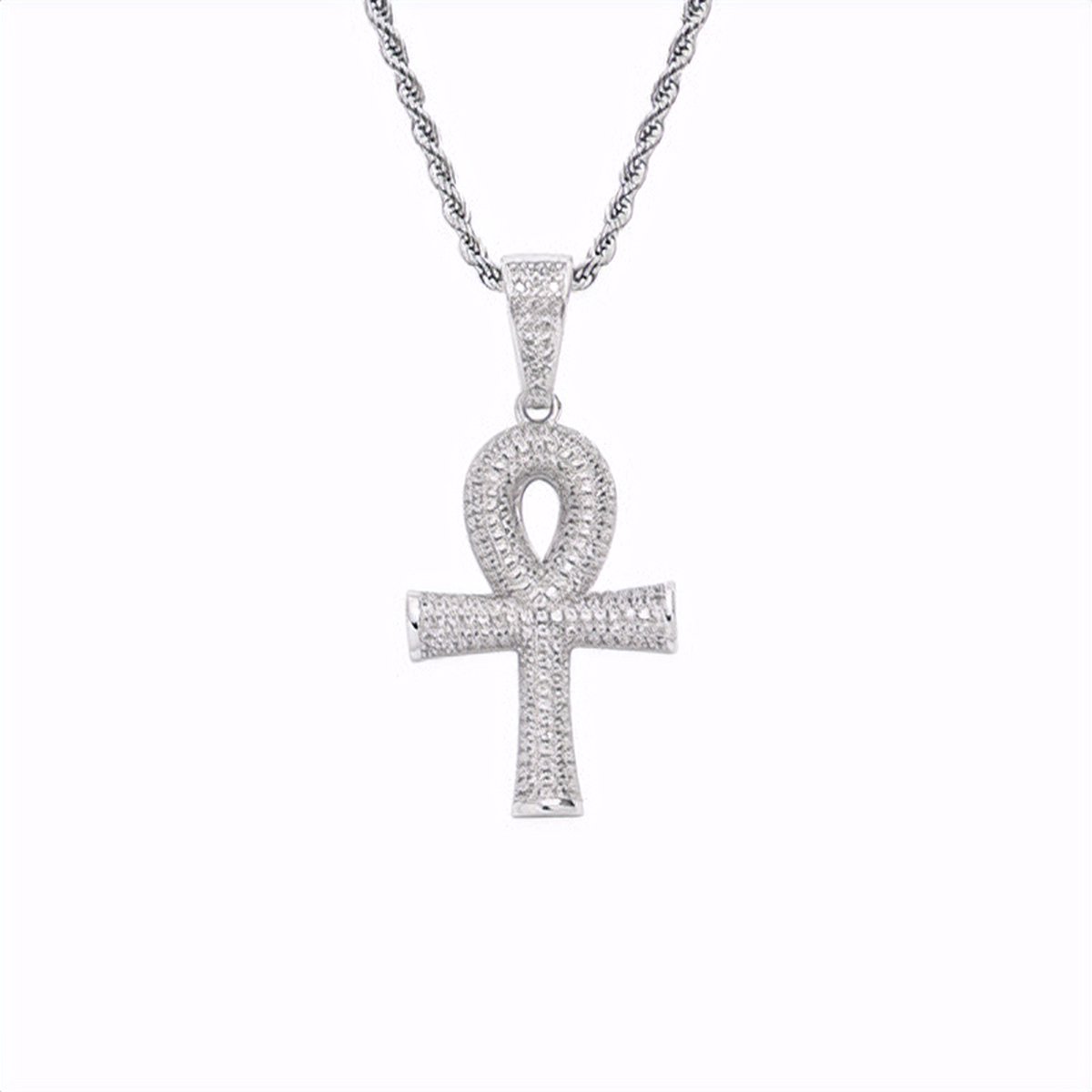 ICYBOY 18K Heren Ketting met Religieus Egyptisch Kruis / Ankh Verguld Zilver [SILVER-PLATED] [ICED OUT] [24 INCH - 61CM] - Religious Egypt Jewelry Hips Hops Ankh Cross Pendant Necklace