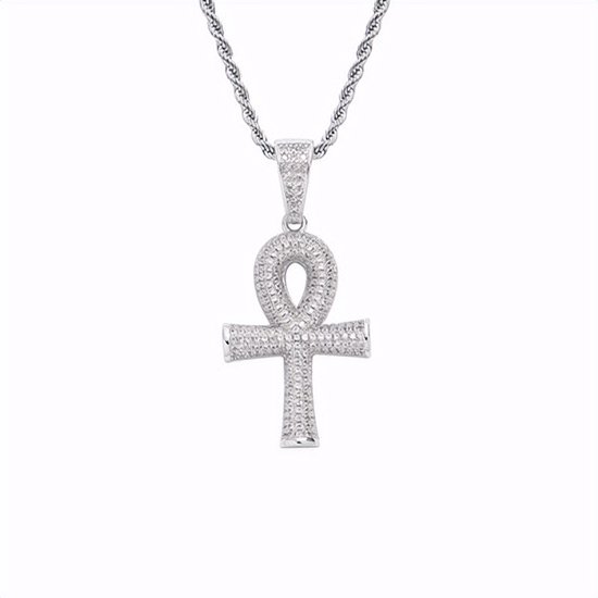18K Heren Ketting met Religieus Egyptisch Kruis / Ankh Verguld Zilver [SILVER-PLATED] [ICED OUT] [24 INCH - 61CM] - Religious Egypt Jewelry Hips Hops Ankh Cross Pendant Necklace