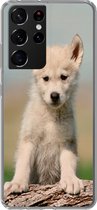 Geschikt voor Samsung Galaxy S21 Ultra hoesje - Wolf - Kind - Hout - Siliconen Telefoonhoesje