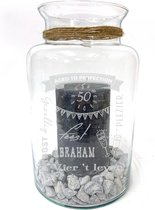 Windlicht/Vaas met tekst gravure: ABRAHAM. Cadeau-50 jaar-abraham. Zonder kaars en stenen.  Het formaat is 30cm, 19cm doorsnede.