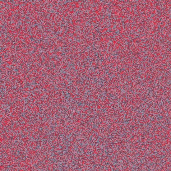 Rood vinyl met een grillig, lichtblauw lijnenpatroon.