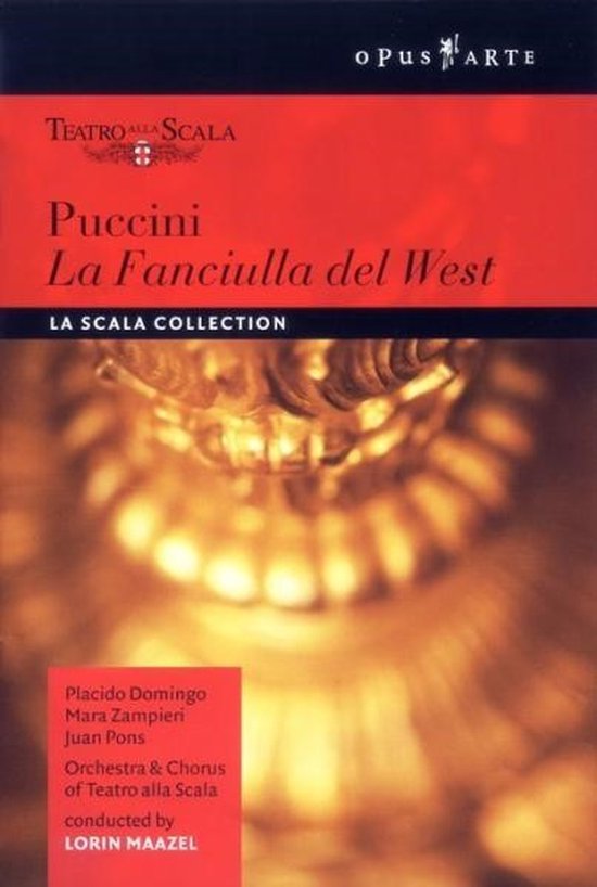 Cover met rode achtergrond voor Puccini La Fanciulla del West, met tekst en een wazig gouden ornament.