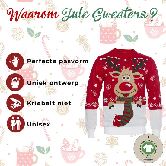 Pull de Noël laid femme & homme - Pull de Noël "Rudolf avec écharpe" - 100% Katoen biologique - Pull de Noël homme & femme Taille XXL