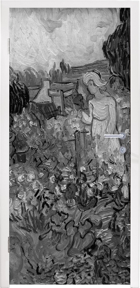 Afbeelding van product StickerSnake  Deursticker Marguerite Gachet in de tuin - Vincent van Gogh - Zwart - Wit - 85x205 cm - Deurposter