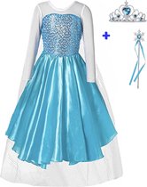 Prinsessenjurk meisje - Elsa jurk - Elsa verkleedkleren - Het Betere Merk - Prinsessen Verkleedkleding - 128/134 (140) - Kroon - Toverstaf lint - Cadeau meisje - Prinsessen speelgo