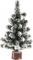 Kerstboomtje Met Kunstsneeuw - Witte gevlokte Kerstboom op houten voet - Tafel versiering - Hoogte 25 cm