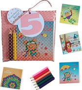 5 x Traktaties 5 jaar - Uitdeelcadeautjes - Kleurpotloden - Kleurboekjes - Set van 5 Roze Uitdeelzakjes Voor Kinderen - School - Kinderfeestje - Hoera 5 jaar - Bedankjes Kinderfeest - Verjaar