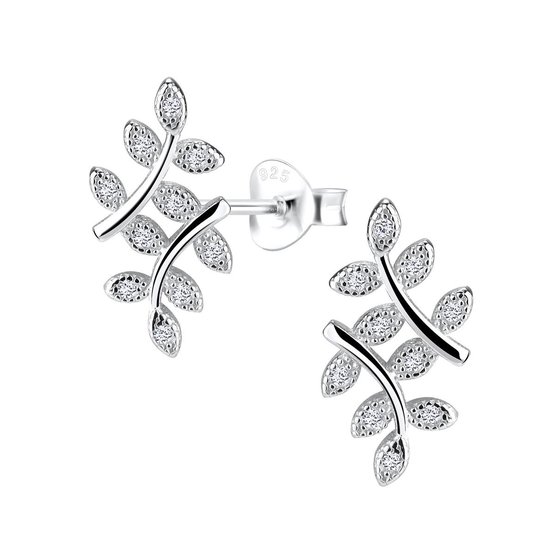 Joy|S - Zilveren takje oorbellen - zirkonia - 19 x 9 mm - gehodineerd