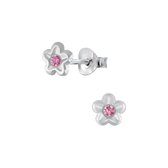Joy|S - Zilveren bloem oorbellen - 6 mm - roze kristal