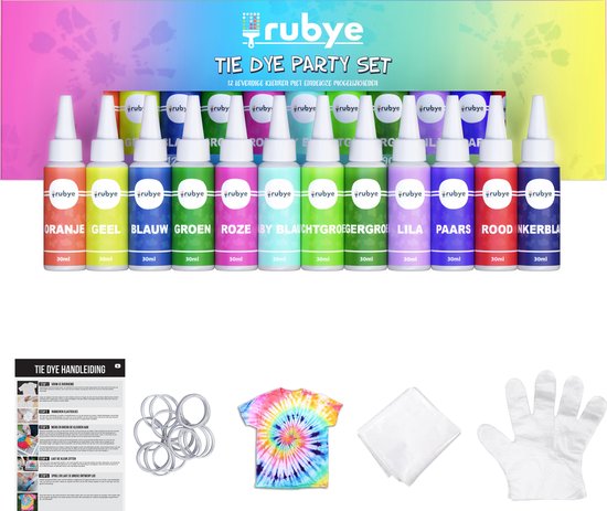 Rubye Tie Dye Kit - Textielverf - Knutselpakket - Knutselen Meisjes - Knutselen Jongens - Handschoenen - Elastiek - Tafelkleed - Knijpfles - 30ML - 12 Kleuren