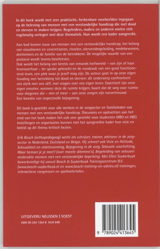 Achterkant boek "Dood en sterven in het leven van mensen met een verstandelijke handicap". Bevat tekst en barcode.