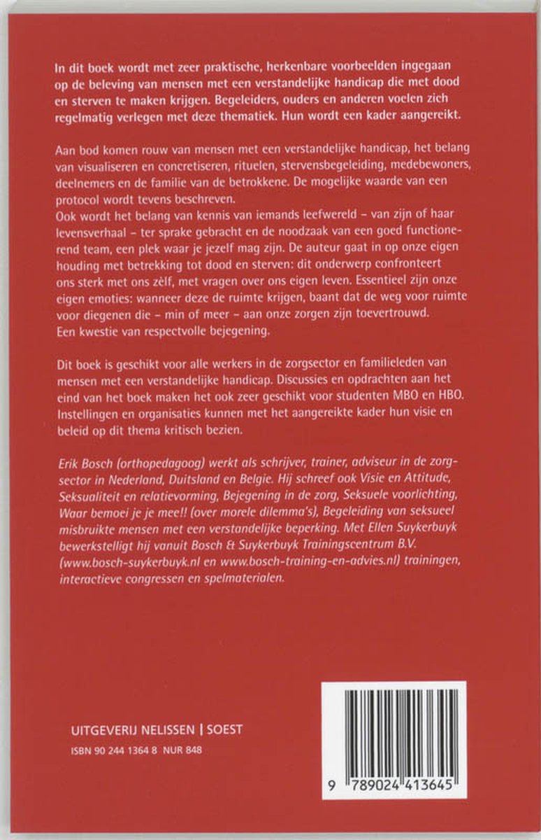 Achterkant boek "Dood en sterven in het leven van mensen met een verstandelijke handicap". Bevat tekst en barcode.
