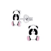 Joy|S - Zilveren Panda oorbellen - 6 x 8 mm - zwart wit met roze voetjes