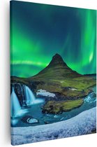 Artaza - Canvas Schilderij - Noorderlicht bij de Watervallen in IJsland - 40x50 - Foto Op Canvas - Canvas Print