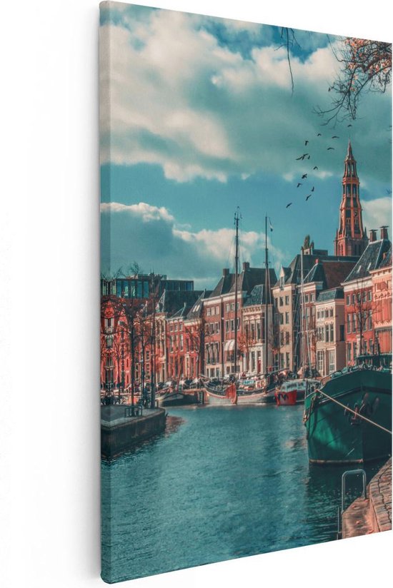 Artaza Canvas Schilderij Gracht in Groningen - 40x60 - Poster Foto op Canvas - Canvas Print