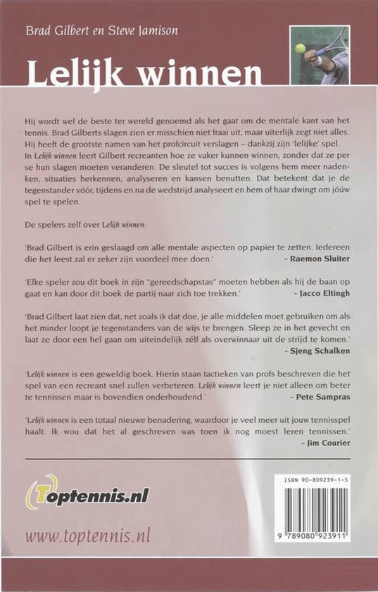Achterkant van het boek 'Lelijk winnen' met tekst en een tennisbal. ISBN 90-809239-1-5.
