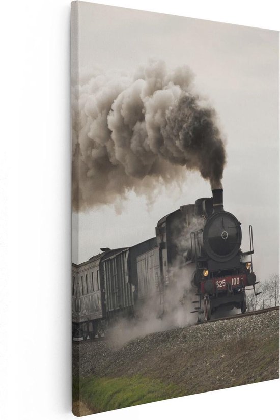 Artaza Canvas Schilderij Locomotief Trein met Rook Wolken - 80x120 - Groot - Foto Op Canvas - Canvas Print