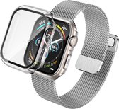 Hoesje met Screenprotector + Bandje geschikt voor Apple Watch 7 45 mm - Magnetisch Bandje Zilver - Case met Screenprotector