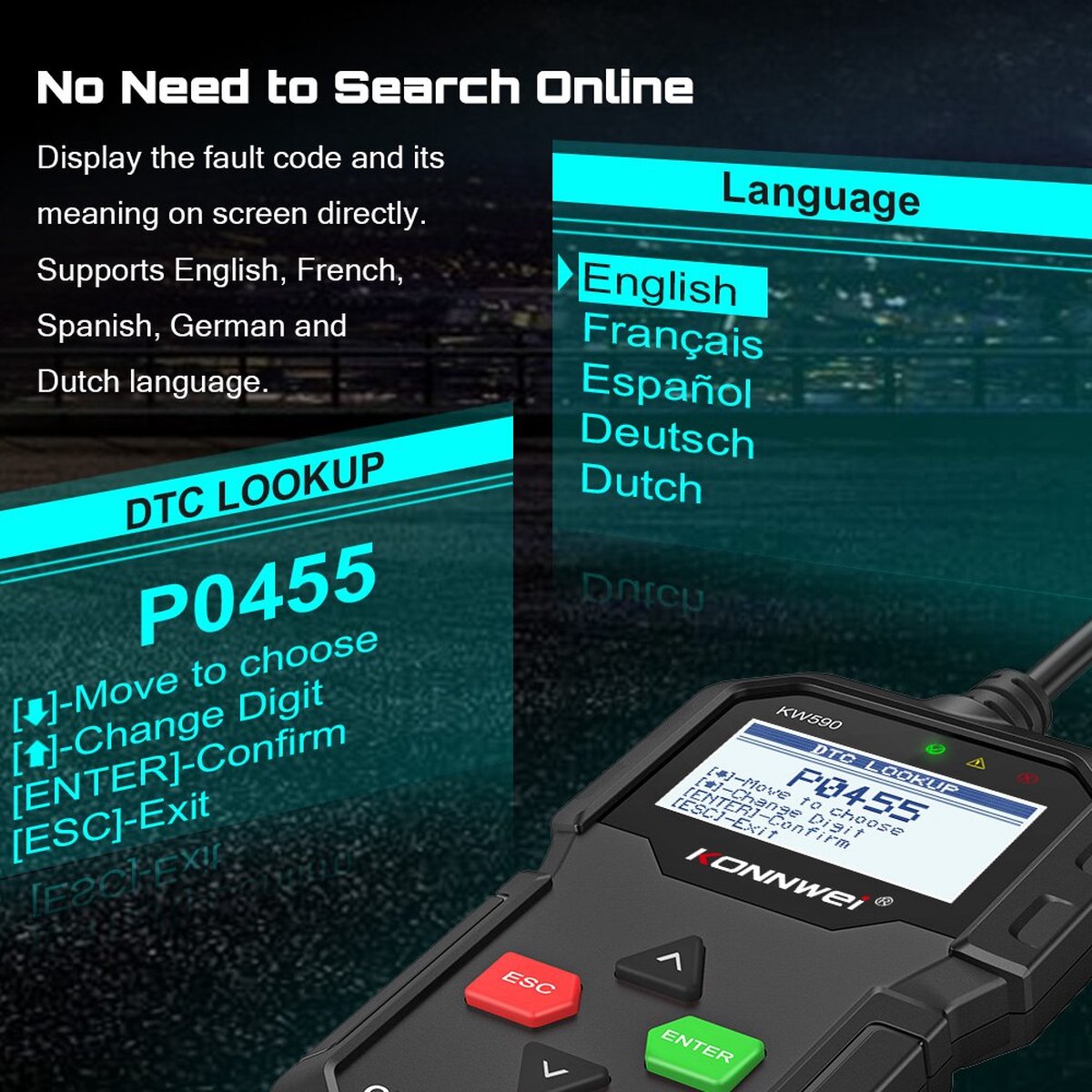 Konnwei KW590 Multifunctioneel OBD2 EOBD Scanner Motor Foutcode lezen en wissen thumbnail 5
