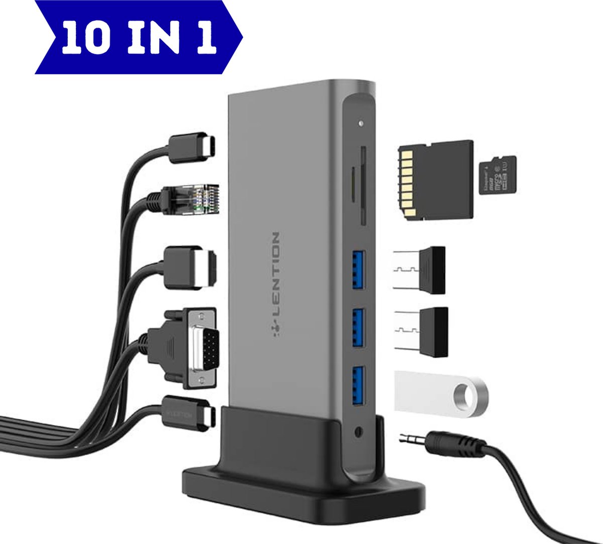 USB C Hub Adapter Laptop Docking Station Macbook Pro Air Chromebook - Oplader Splitter - Kaartlezer - Card Reader - 4K HDMI - 3X USB 3.0 - Micro SD - Lention® - Lention
