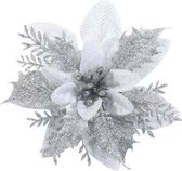 Luxuro Luxe Kerstbloemen - Zilver - Ornamenten voor Kerst - Kerstboom Decoratie voor Binnen en Buiten - Nieuwjaar - Kerstversiering - 10 stuks - 14 cm doorsnede