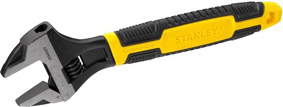 Stanley verstelbare moersleutel met zwart en geel handvat, met de bek naar links gericht.
