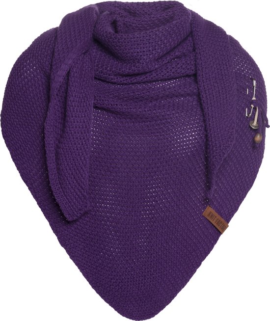 Knit Factory Coco Gebreide Omslagdoek - Driehoek Sjaal Dames - Dames sjaal - Wintersjaal - Stola - Wollen sjaal - Paarse sjaal - Purple - 190x85 cm - Inclusief sierspeld