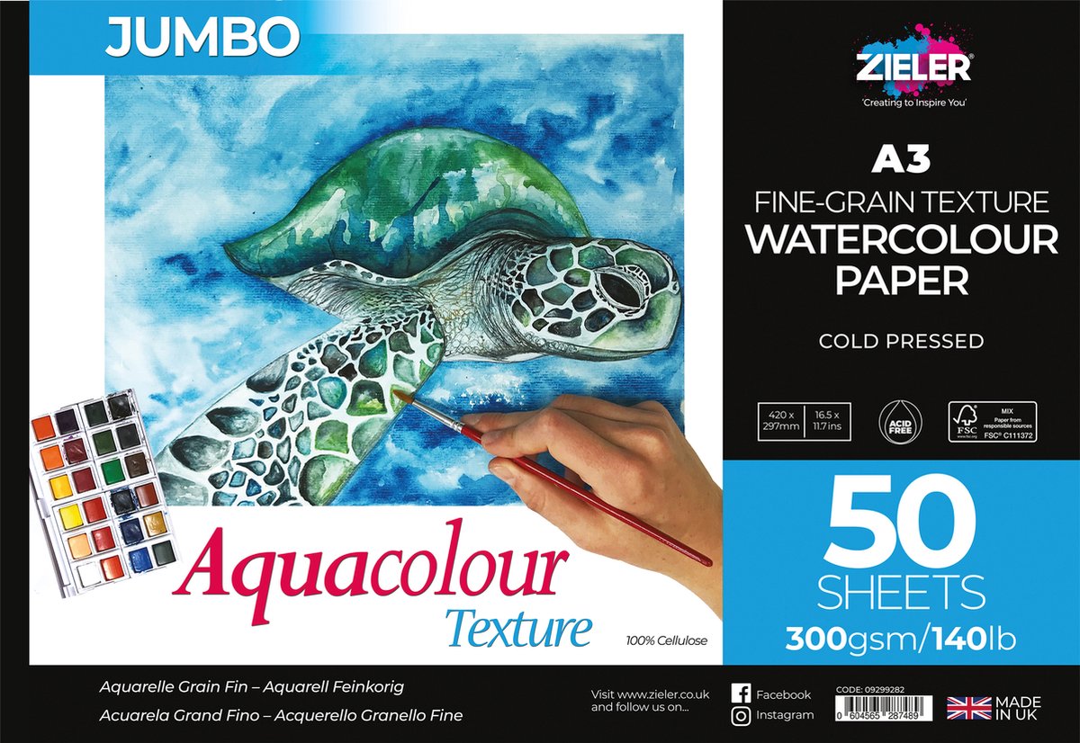 Zieler A3 Aquarelpapier - Aquarelblok 50 Vellen - Aquarel Papier 300 gram - Schetsboek