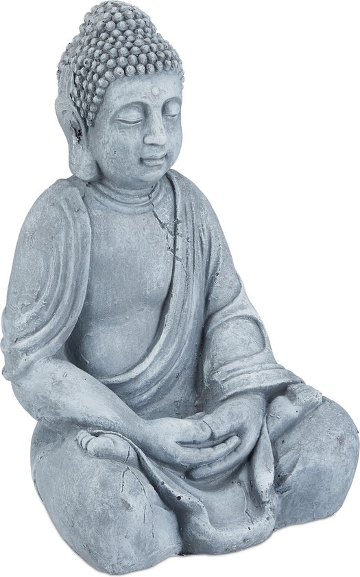 relaxdays statue de Bouddha - hauteur 50 cm - décoration de jardin - statue de jardin - statue de Bouddha - assise Gris clair
