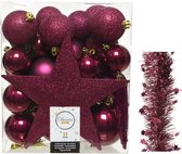 Kerstversiering kunststof kerstballen 5-6-8 cm met ster piek en sterren slingers pakket framboos roze 35x - Kerstboomversiering