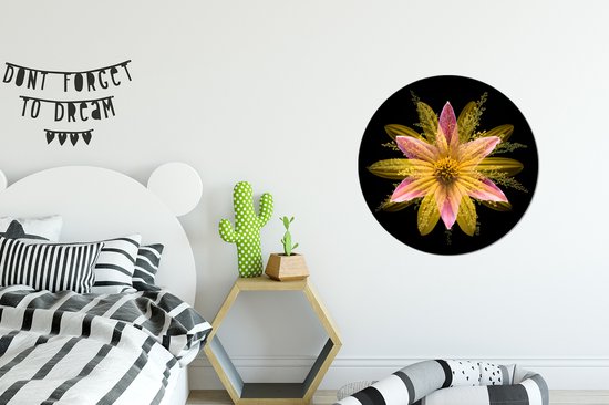 WallCircle - Stickers muraux - Cercle de papier peint - Une fleur jaune sur fond noir - 50x50 cm - Cercle mural - Autocollant - Sticker papier peint rond