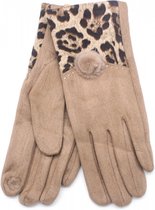 Handschoenen Panterprint en Pompon - Dames - One Size - Touchscreen Tip - Bruin