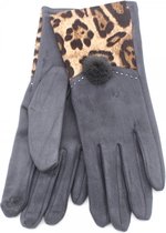 Handschoenen Panterprint en Pompon - Dames - One Size - Touchscreen Tip - Grijs
