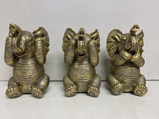 Gouden olifanten " horen, zien & zwijgen" beeldjes - goud - set van 3 - 13 cm hoog - polyresin - decoratief