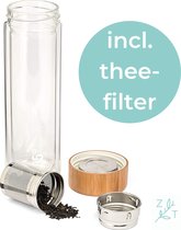 ZijTak - Dubbelwandige drinkfles - Waterfles -  Glas - Bamboe deksel - Transparant - 450 ml - Theefilter - Theefles - Filter - Glazen fles
